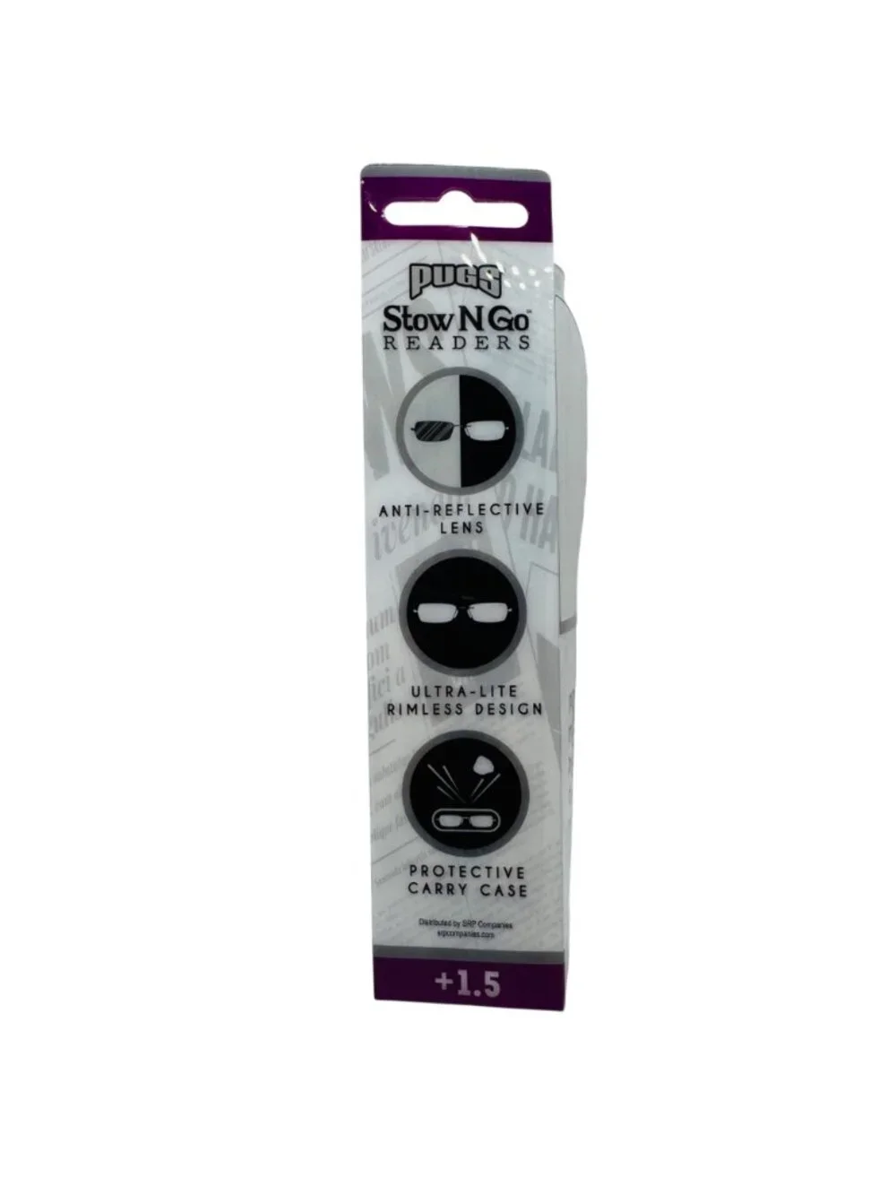 Pugs Stow N Go BROWN Readers +1.5 With Ultra-Lite Rimless Design & Protective Ca
